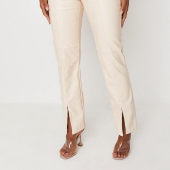 Cream Faux Leather Split Hem Trousers - Picture 3 of 15